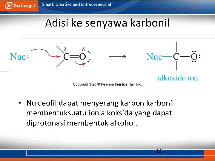 Adisi ke senyawa karbonil • Nukleofil dapat menyerang karbonil membentuksuatu ion alkoksida yang dapat
