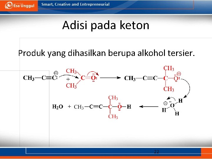 Adisi pada keton Produk yang dihasilkan berupa alkohol tersier. 22 