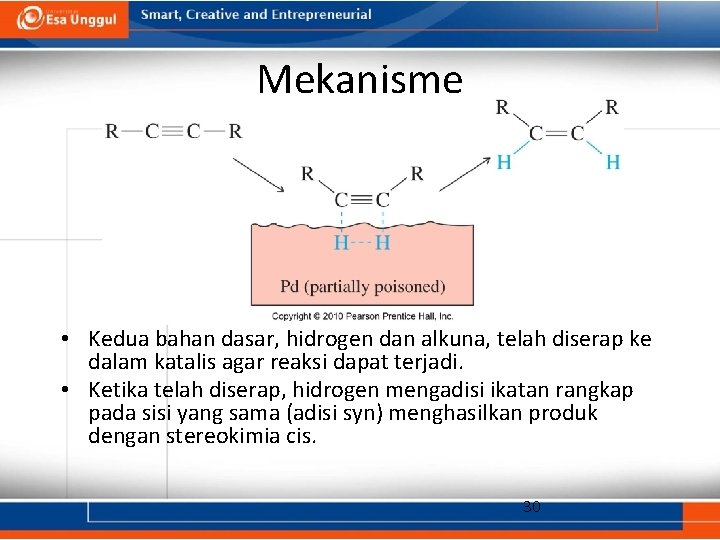 Mekanisme • Kedua bahan dasar, hidrogen dan alkuna, telah diserap ke dalam katalis agar