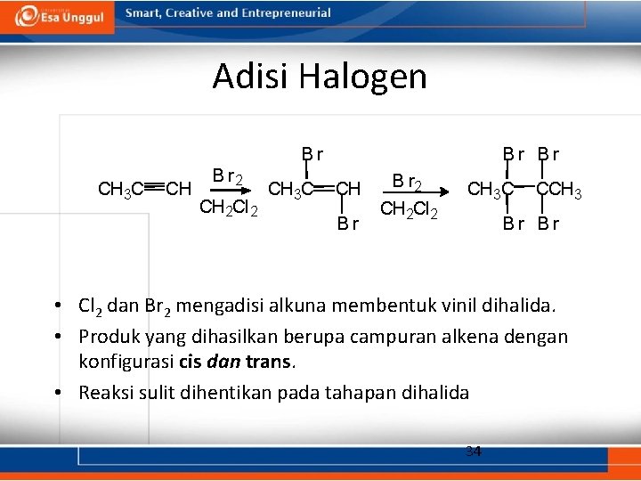 Adisi Halogen CH 3 C CH B r 2 CH 2 Cl 2 Br