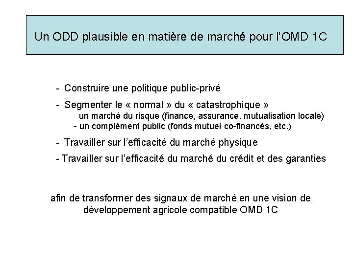 Un ODD plausible en matière de marché pour l’OMD 1 C - Construire une