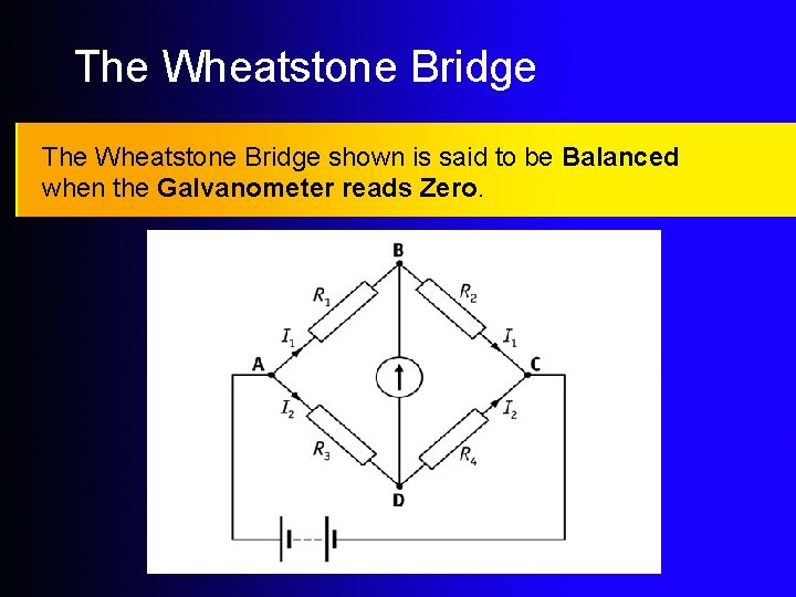 The Wheatstone Bridge shown is said to be Balanced when the Galvanometer reads Zero.