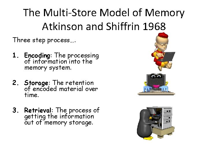 The Multi-Store Model of Memory Atkinson and Shiffrin 1968 Three step process…. 1. Encoding: