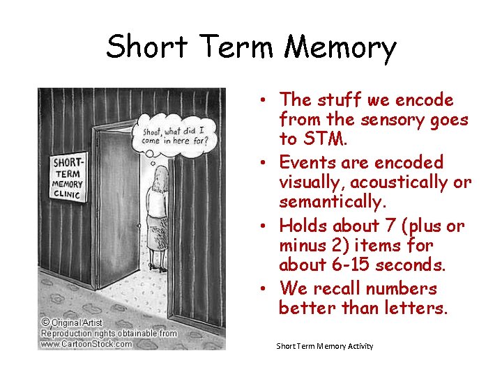 Short Term Memory • The stuff we encode from the sensory goes to STM.