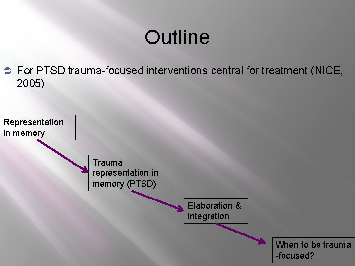 Outline Ü For PTSD trauma-focused interventions central for treatment (NICE, 2005) Representation in memory