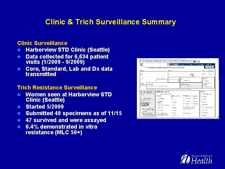 Clinic & Trich Surveillance Summary Clinic Surveillance l Harborview STD Clinic (Seattle) l Data