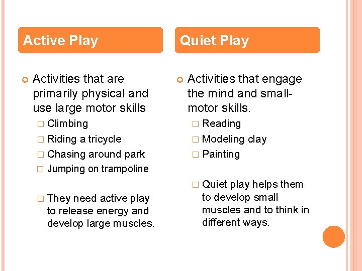 Active Play Activities that are primarily physical and use large motor skills Quiet Play