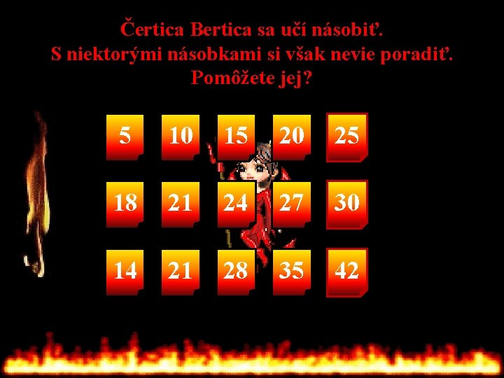 Čertica Bertica sa učí násobiť. S niektorými násobkami si však nevie poradiť. Pomôžete jej?