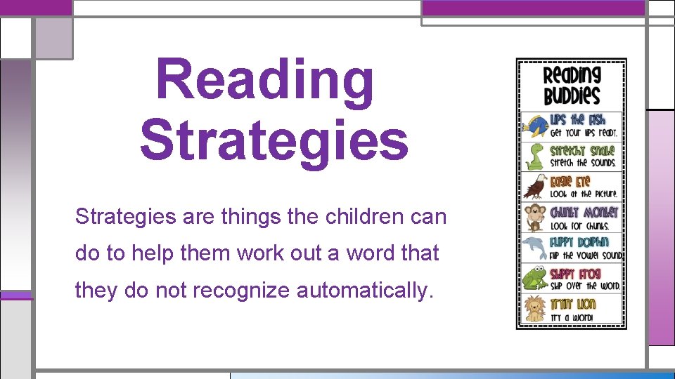 Reading Strategies are things the children can do to help them work out a Reading Strategies are things the children can do to help them work out a