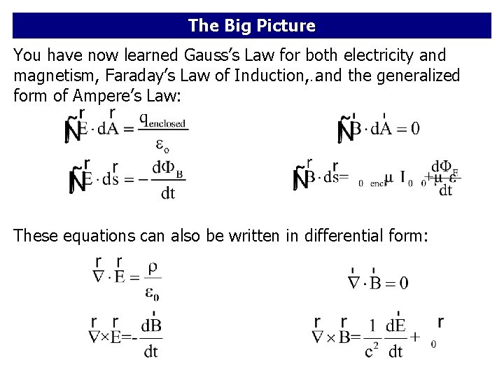 The Big Picture You have now learned Gauss’s Law for both electricity and magnetism,