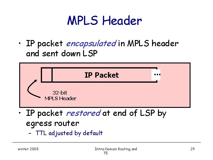MPLS Header • IP packet encapsulated in MPLS header and sent down LSP IP