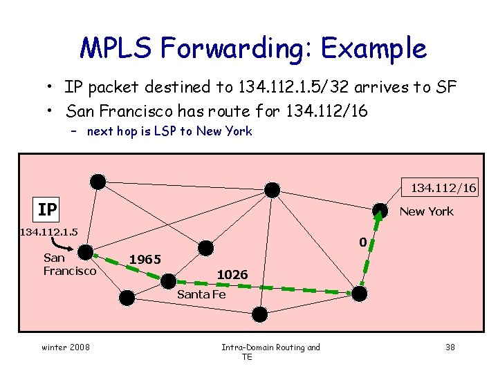 MPLS Forwarding: Example • IP packet destined to 134. 112. 1. 5/32 arrives to