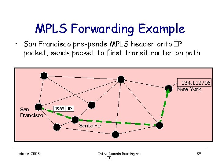MPLS Forwarding Example • San Francisco pre-pends MPLS header onto IP packet, sends packet