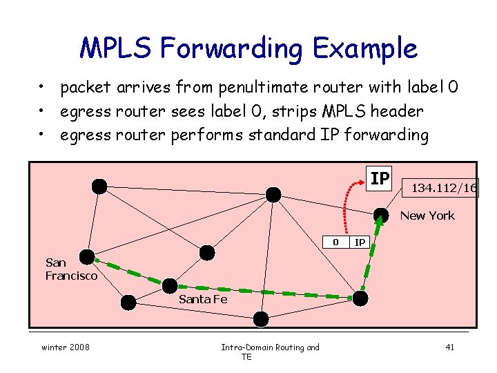 MPLS Forwarding Example • packet arrives from penultimate router with label 0 • egress