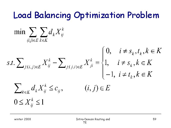 Load Balancing Optimization Problem winter 2008 Intra-Domain Routing and TE 59 