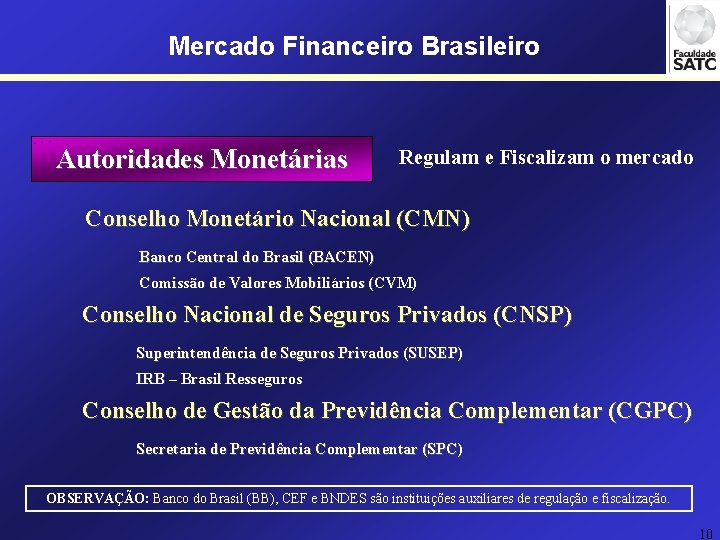 Mercado Financeiro Brasileiro Autoridades Monetárias Regulam e Fiscalizam o mercado Conselho Monetário Nacional (CMN)