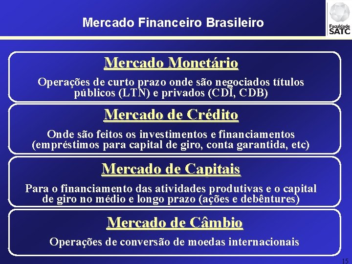 Mercado Financeiro Brasileiro Mercado Monetário Operações de curto prazo onde são negociados títulos públicos