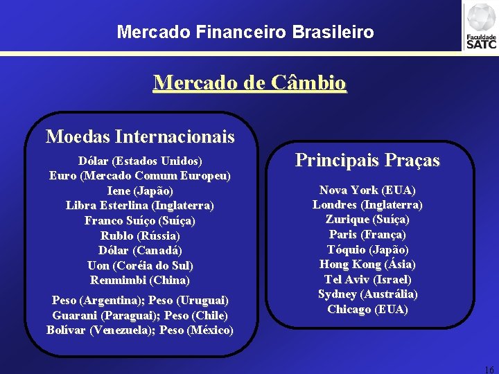 Mercado Financeiro Brasileiro Mercado de Câmbio Moedas Internacionais Dólar (Estados Unidos) Euro (Mercado Comum