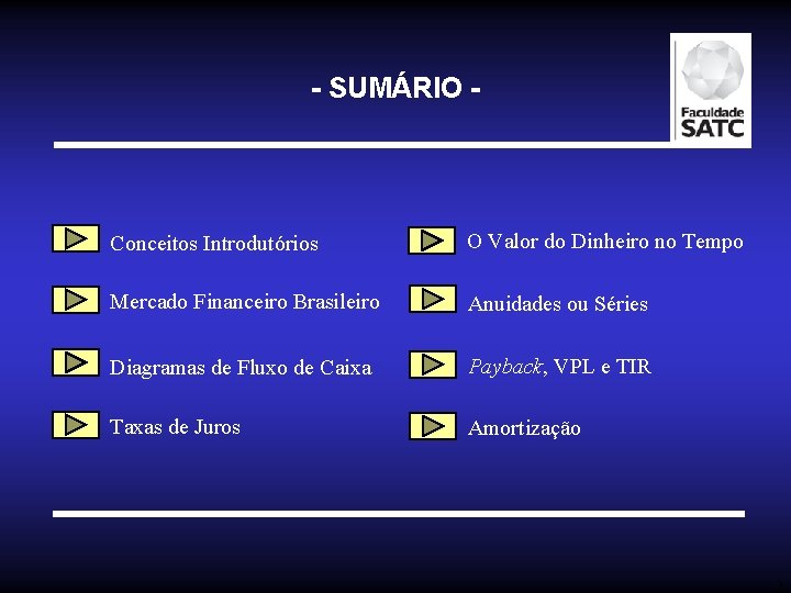 - SUMÁRIO - Conceitos Introdutórios O Valor do Dinheiro no Tempo Mercado Financeiro Brasileiro