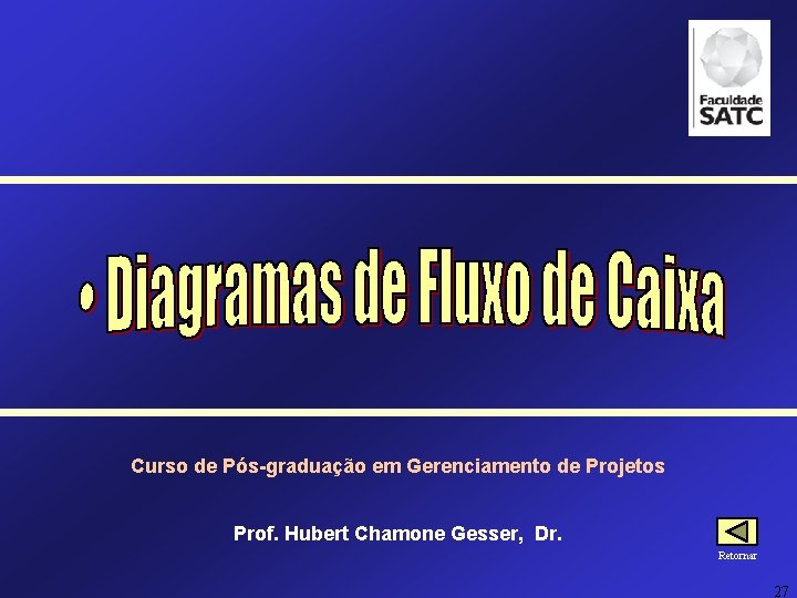 Curso de Pós-graduação em Gerenciamento de Projetos Prof. Hubert Chamone Gesser, Dr. Retornar 27
