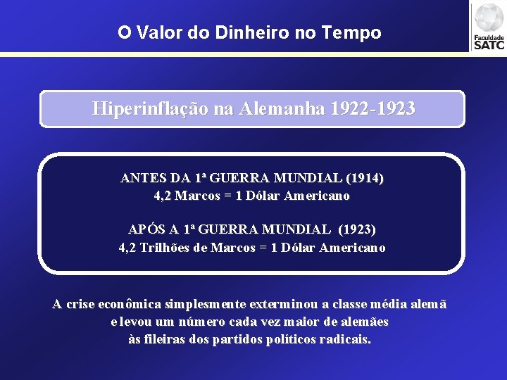 O Valor do Dinheiro no Tempo Hiperinflação na Alemanha 1922 -1923 ANTES DA 1ª