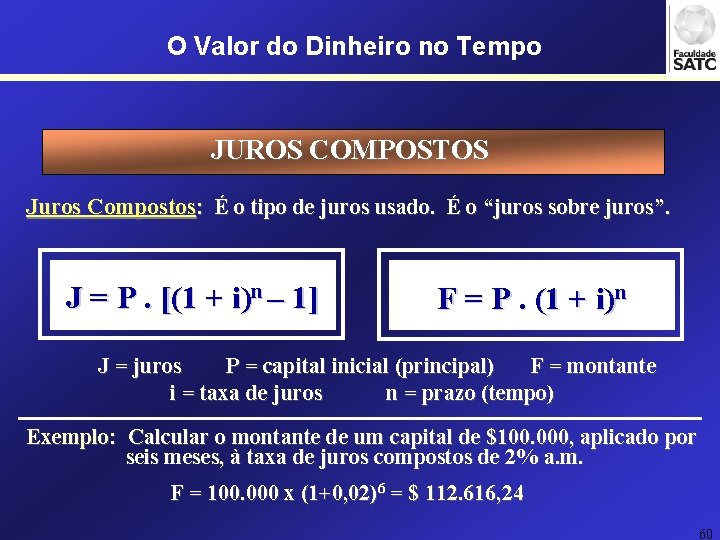 O Valor do Dinheiro no Tempo JUROS COMPOSTOS Juros Compostos: É o tipo de