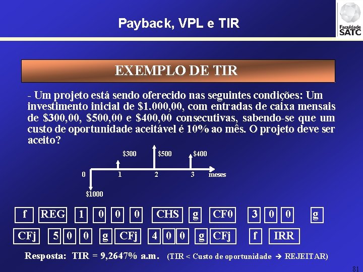 Payback, VPL e TIR EXEMPLO DE TIR - Um projeto está sendo oferecido nas