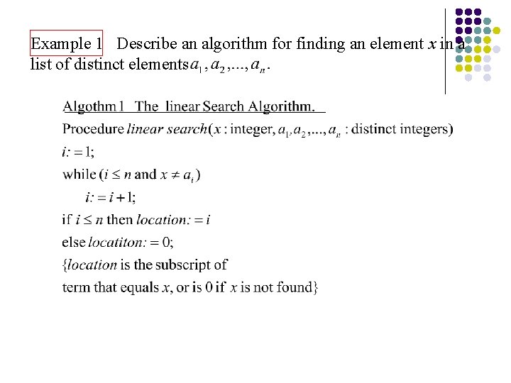 Example 1 Describe an algorithm for finding an element x in a list of