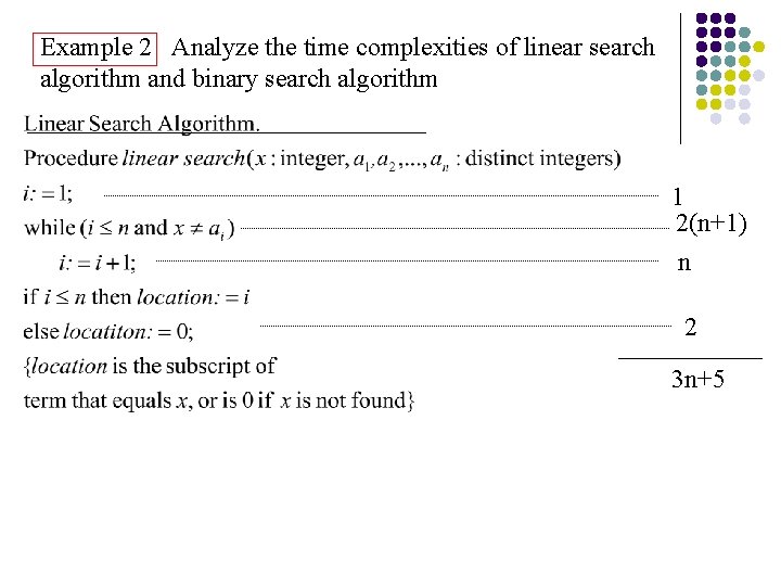 Example 2 Analyze the time complexities of linear search algorithm and binary search algorithm