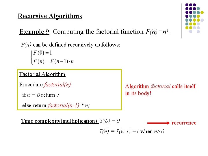 Recursive Algorithms Example 9 Computing the factorial function F(n)=n!. F(n) can be defined recursively