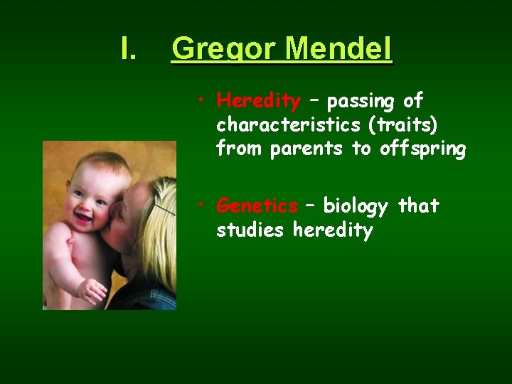 I. Gregor Mendel • Heredity – passing of characteristics (traits) from parents to offspring