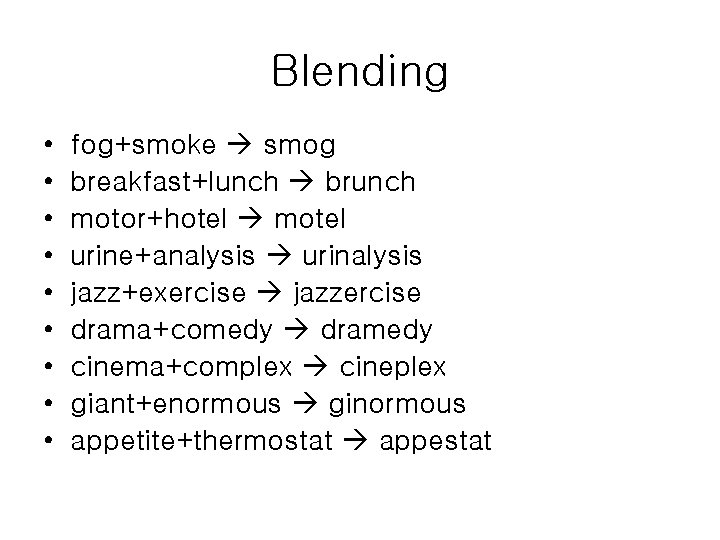 Blending • • • fog+smoke smog breakfast+lunch brunch motor+hotel motel urine+analysis urinalysis jazz+exercise jazzercise