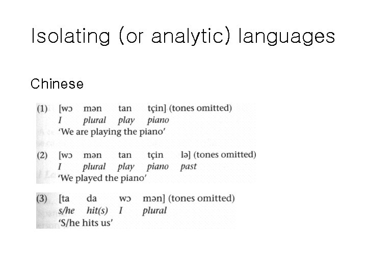 Isolating (or analytic) languages Chinese 