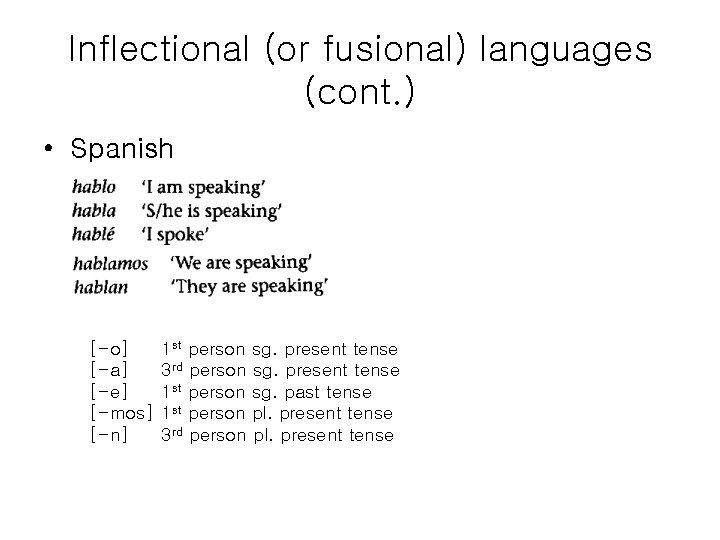 Inflectional (or fusional) languages (cont. ) • Spanish [-o] [-a] [-e] [-mos] [-n] 1