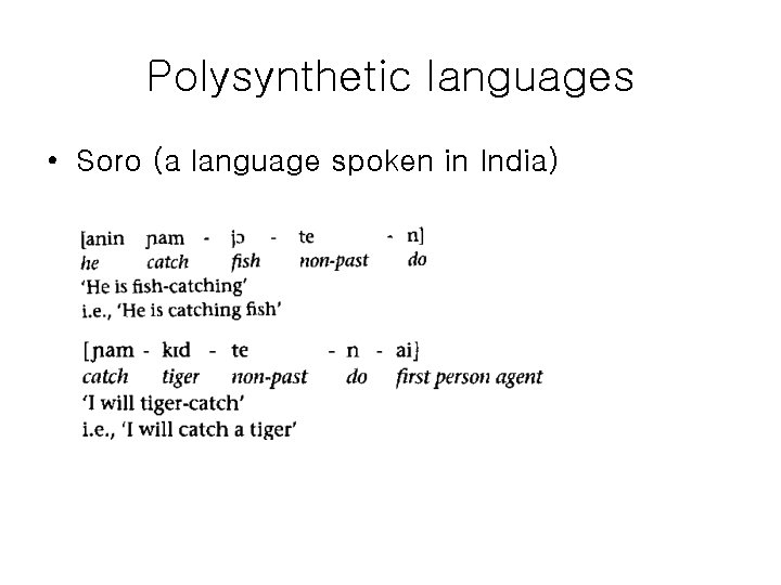 Polysynthetic languages • Soro (a language spoken in India) 