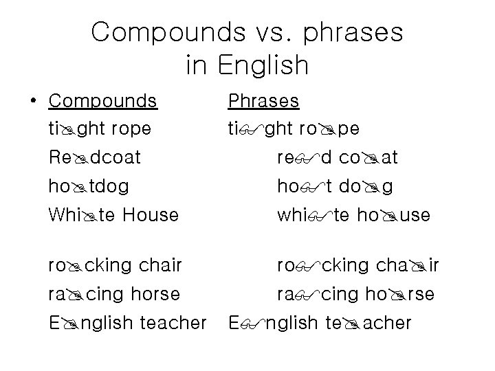 Compounds vs. phrases in English • Compounds ti@ght rope Re@dcoat ho@tdog Whi@te House Phrases