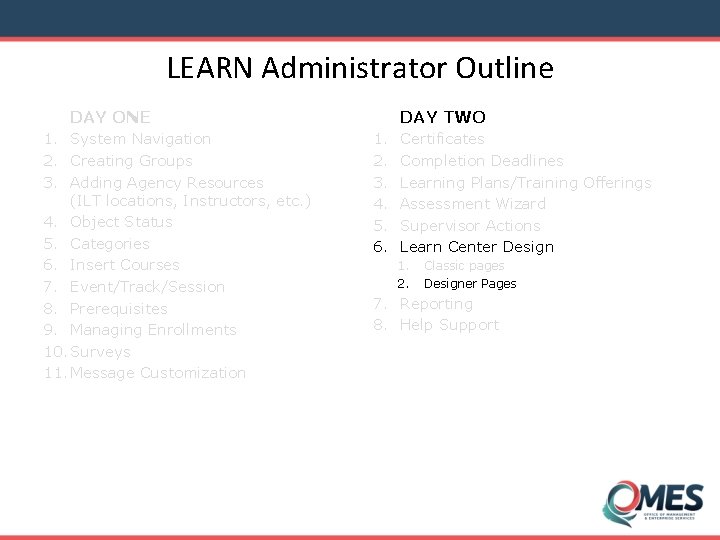 LEARN Administrator Outline DAY TWO DAY ONE 1. System Navigation 2. Creating Groups 3.