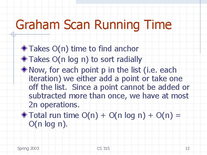 Graham Scan Running Time Takes O(n) time to find anchor Takes O(n log n)