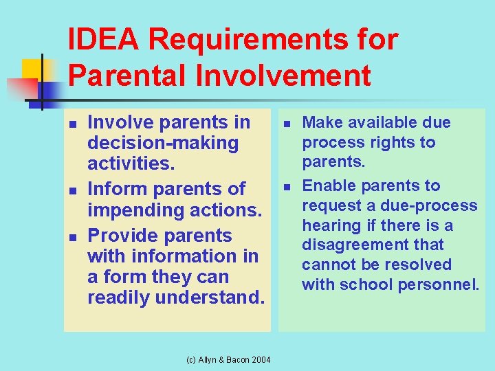 IDEA Requirements for Parental Involvement n n n Involve parents in decision-making activities. Inform