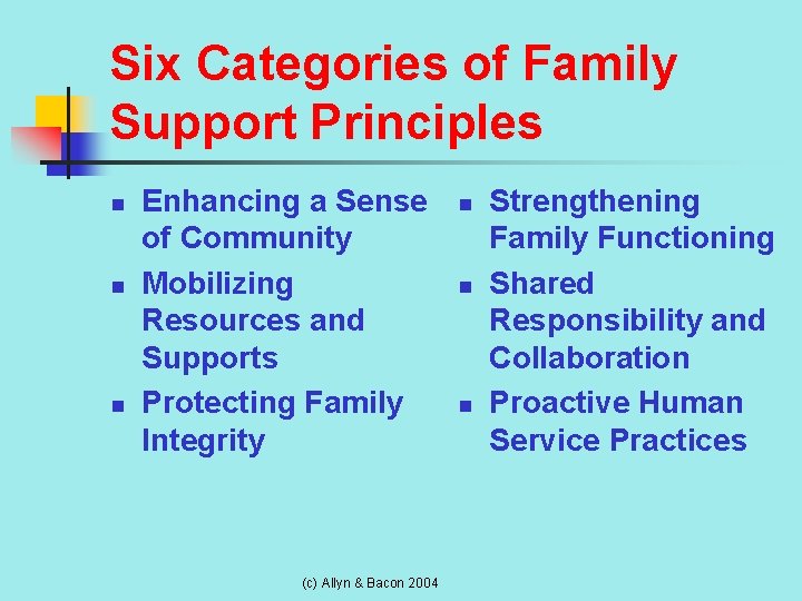 Six Categories of Family Support Principles n n n Enhancing a Sense of Community