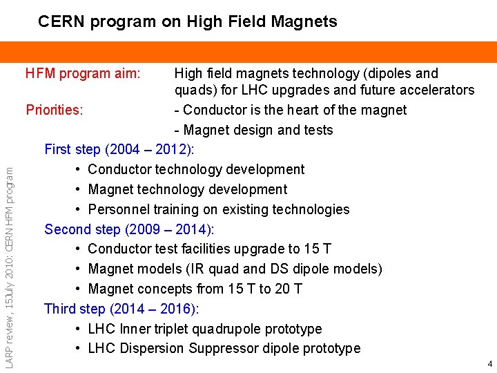CERN program on High Field Magnets LARP review, 15 July 2010: CERN HFM program