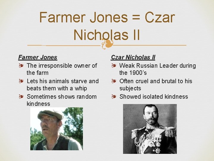 Farmer Jones = Czar Nicholas II ❧ Farmer Jones ❧ The irresponsible owner of
