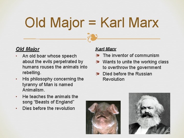 Old Major = Karl Marx ❧ Old Major • • An old boar whose