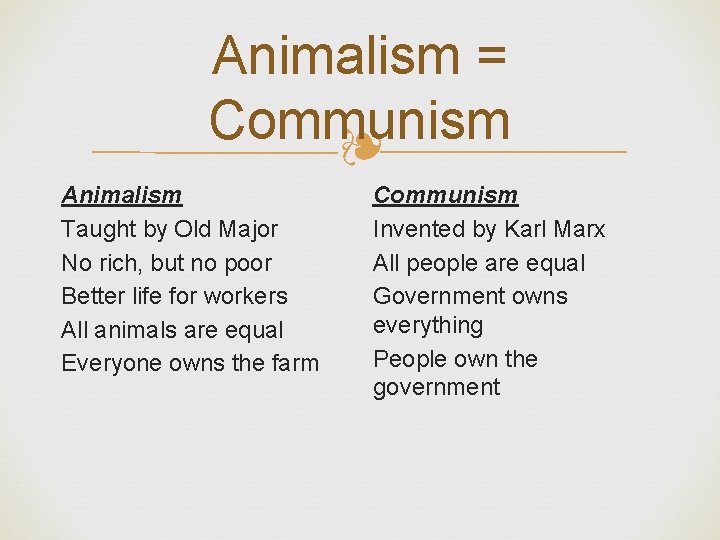 Animalism = Communism ❧ Animalism Taught by Old Major No rich, but no poor