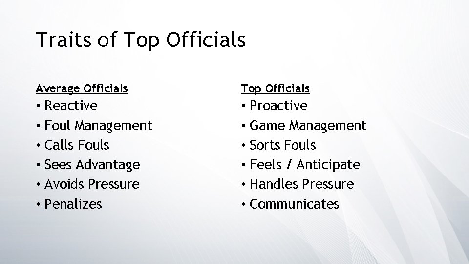 Traits of Top Officials Average Officials Top Officials • Reactive • Foul Management •