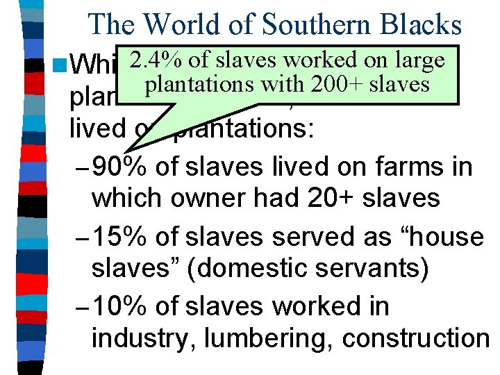 The World of Southern Blacks slaves worked on large n While 2. 4% veryoffew