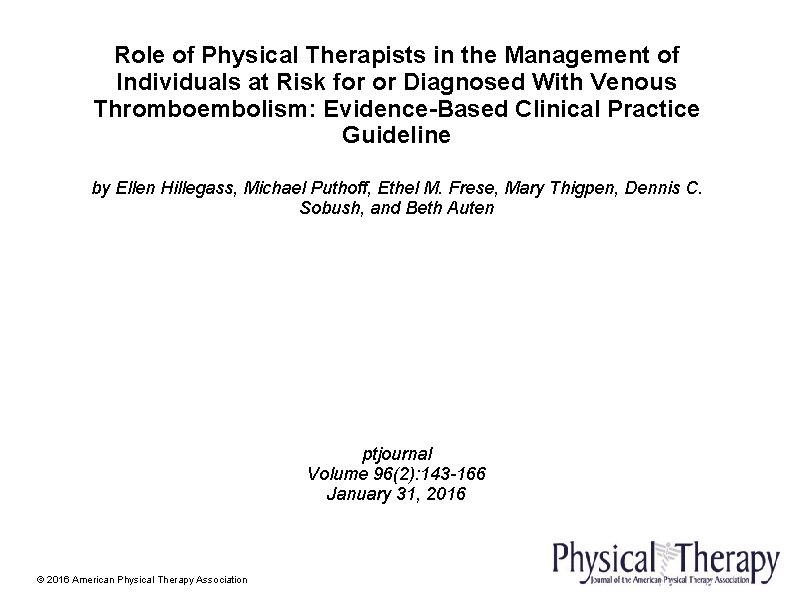 Role of Physical Therapists in the Management of Individuals at Risk for or Diagnosed