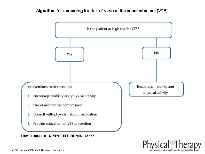 Algorithm for screening for risk of venous thromboembolism (VTE). Ellen Hillegass et al. PHYS