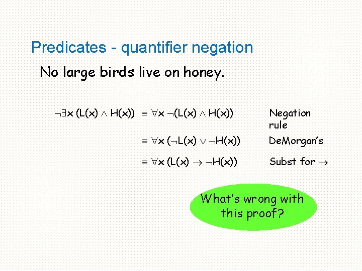 Predicates - quantifier negation No large birds live on honey. x (L(x) H(x)) Negation