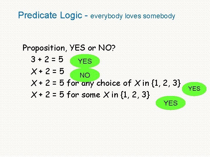 Predicate Logic - everybody loves somebody Proposition, YES or NO? 3+2=5 YES X+2=5 NO